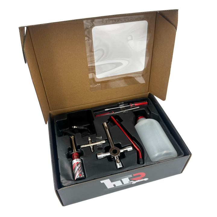 Kit de démarrage pour modélisme voiture thermique radio-commandée Hobbytech HTR-015. Burette à carburant, chauffe bougie, out