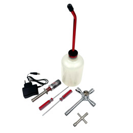Kit de démarrage pour modélisme voiture thermique radio-commandée Hobbytech HTR-015. Burette à carburant, chauffe bougie, out
