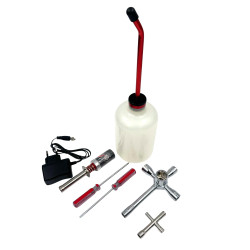 Kit de démarrage pour modélisme voiture thermique radio-commandée Hobbytech HTR-015. Burette à carburant, chauffe bougie, out