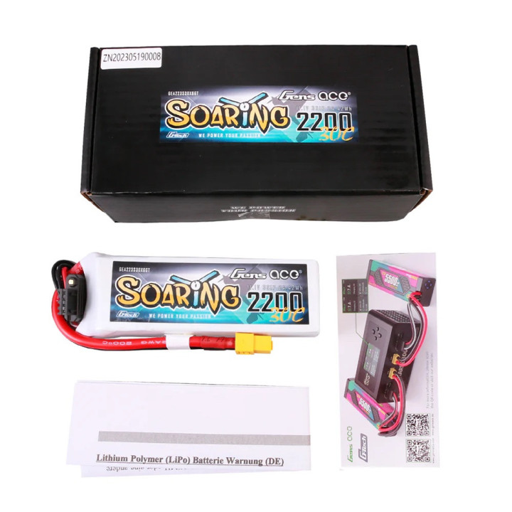 GE1-2200-3X6GT Gens ace battery Soaring LiPo 3S 11.1V 2200mAh 30C (XT60) Gens ace RSRC