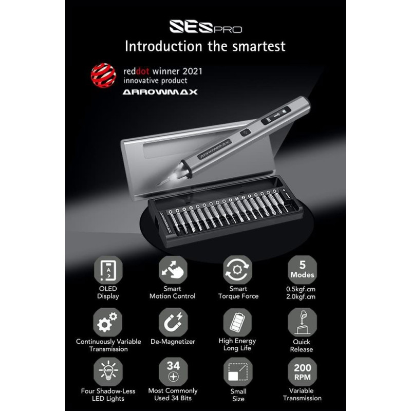Arrowmax SES pro smart motion electric screwdriver with aluminum case (34 bits)