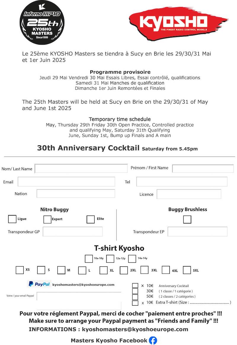 Formulaire inscription Kyosho Masters 2025