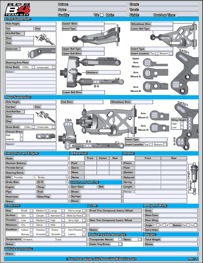 Manuel, liste des pièces détachées et setup vierge Team Associated RC8B4.